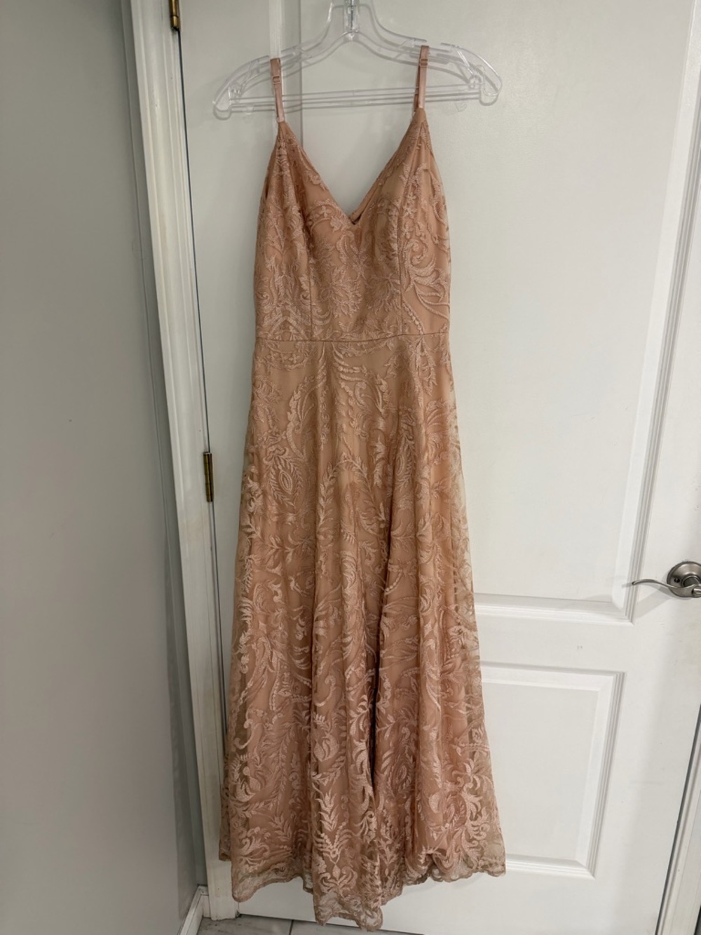 Champagne floor length dress with lace design